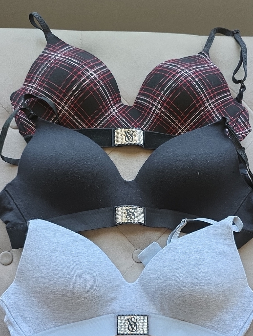 Victoria's Secret Three-Pack T-Shirt Bras - Black, Plaid, Light Gray